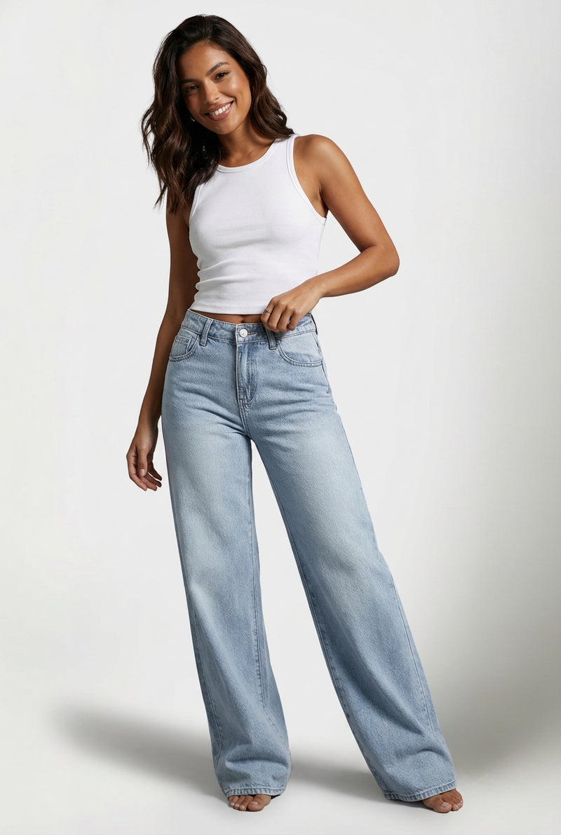 Casual Wide Leg Jeans-jeans > wide leg jeans-Laventaire-Light Blue-XS-Laventaire