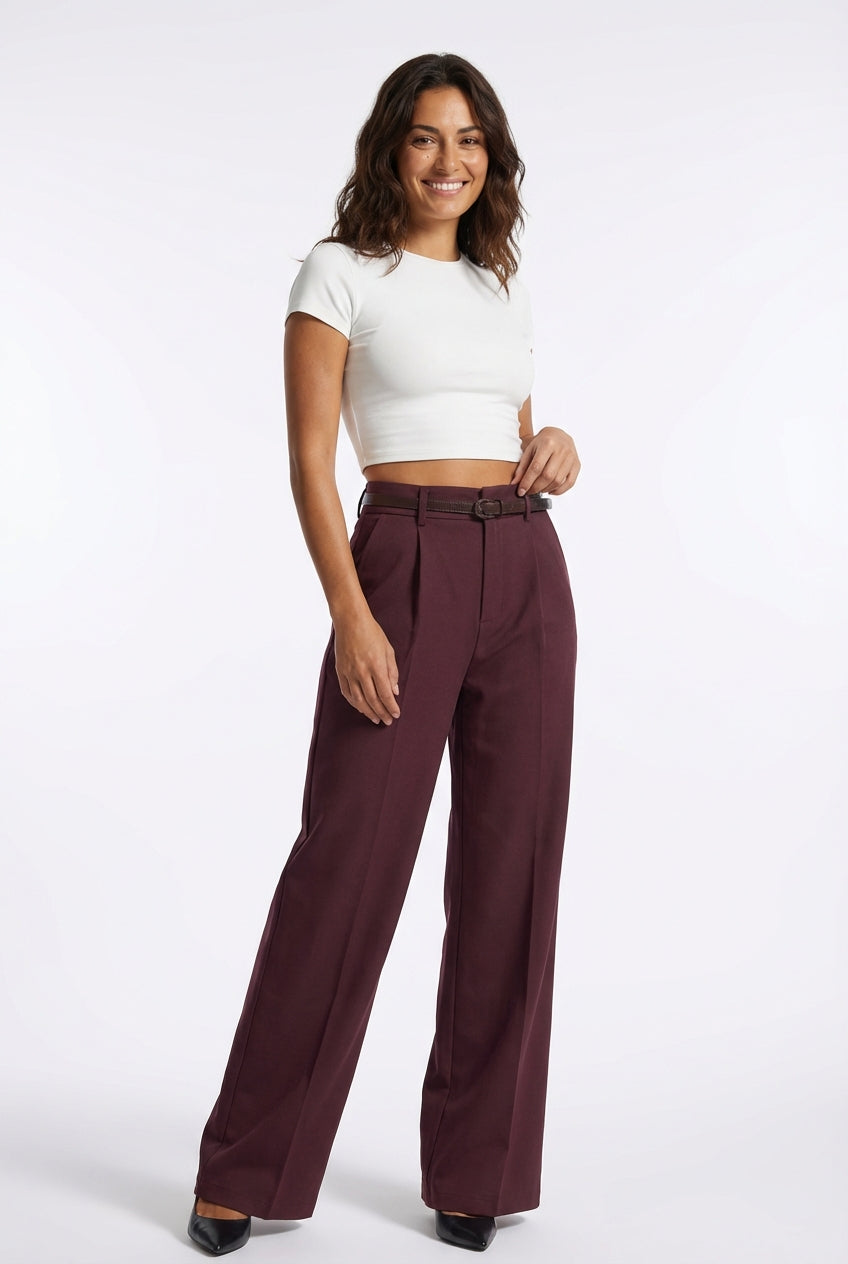 Casual Wide Leg Trousers-trousers > wide leg trousers-Laventaire-Burgundy-S-Laventaire