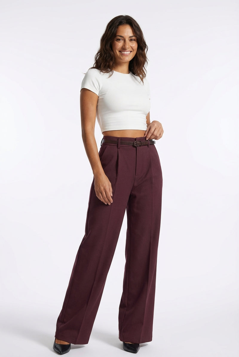 Casual Wide Leg Trousers-trousers > wide leg trousers-Laventaire-Burgundy-S-Laventaire