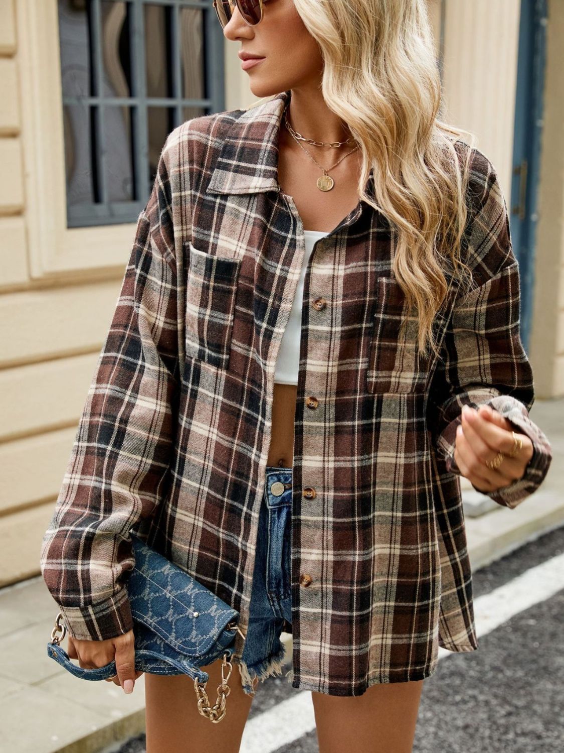 Checked Long Sleeve Blouse-tops > blouses-Laventaire-Laventaire