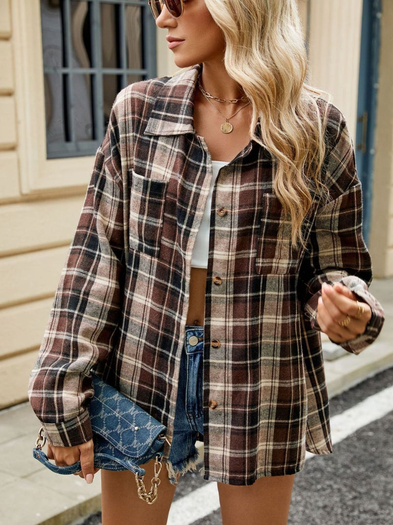Checked Long Sleeve Blouse-tops > blouses-Laventaire-Laventaire