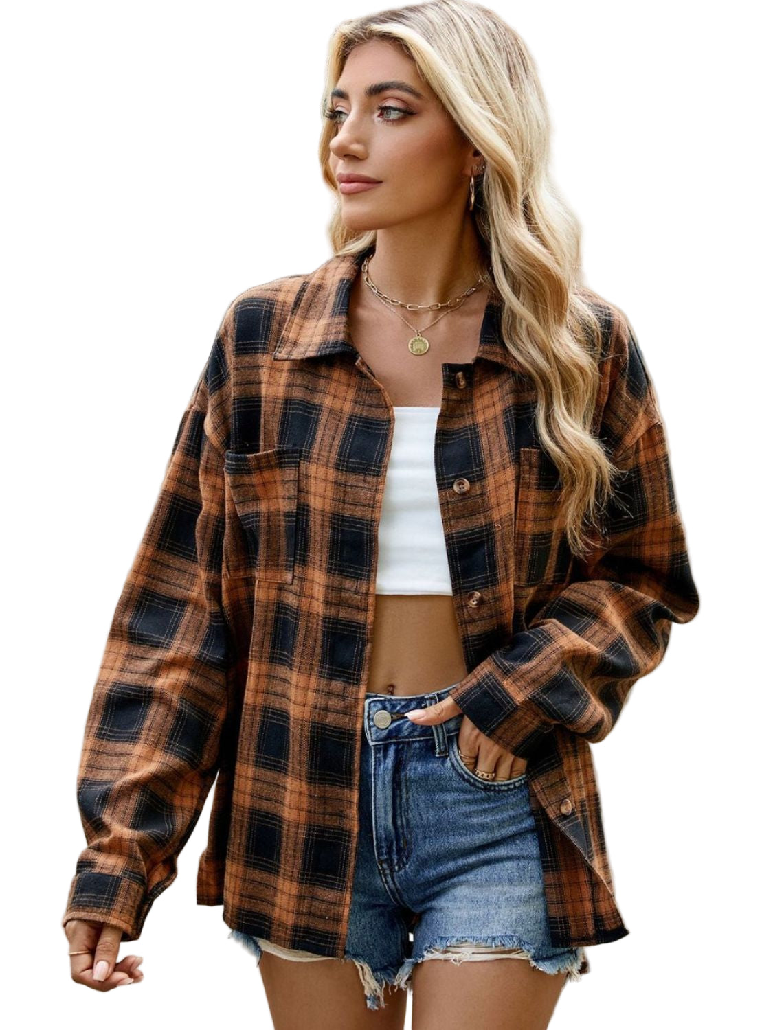 Checked Long Sleeve Blouse-tops > blouses-Laventaire-Laventaire