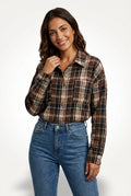 Checked Long Sleeve Blouse-tops > blouses-Laventaire-Brown-S-Laventaire