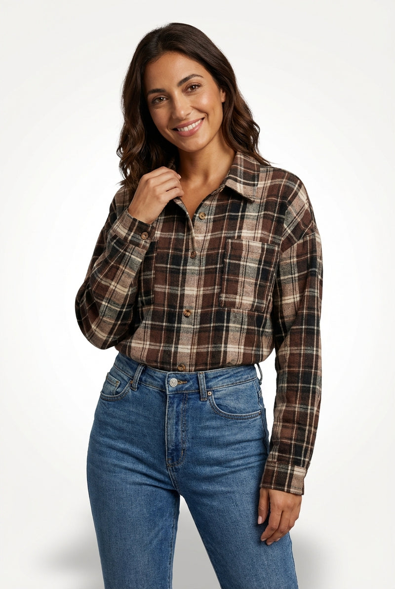 Checked Long Sleeve Blouse-tops > blouses-Laventaire-Brown-S-Laventaire