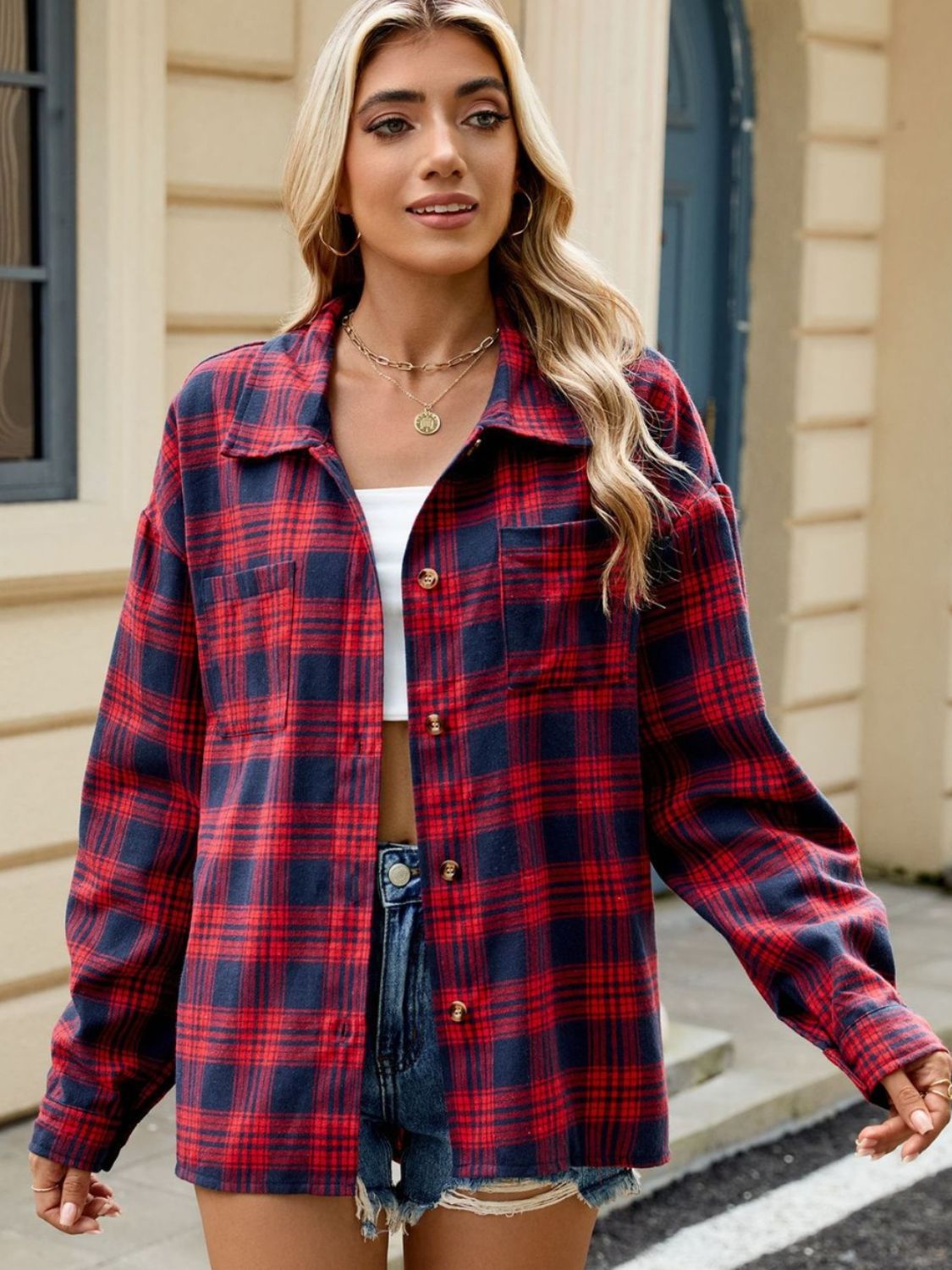 Checked Long Sleeve Blouse-tops > blouses-Laventaire-Red-S-Laventaire