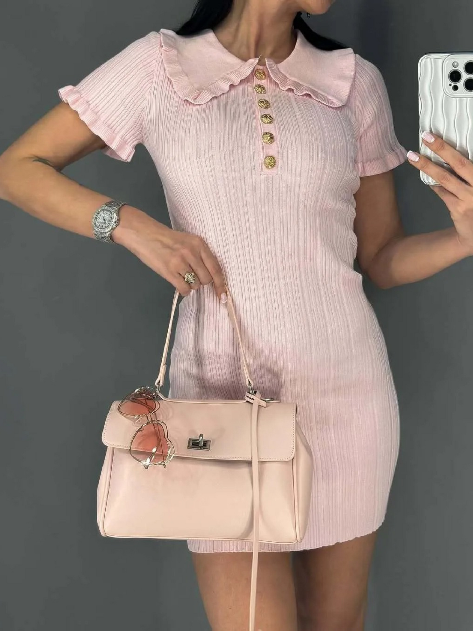 Chic Collar Mini Dress-dresses > mini dress-Laventaire-Blush Pink-S-Laventaire