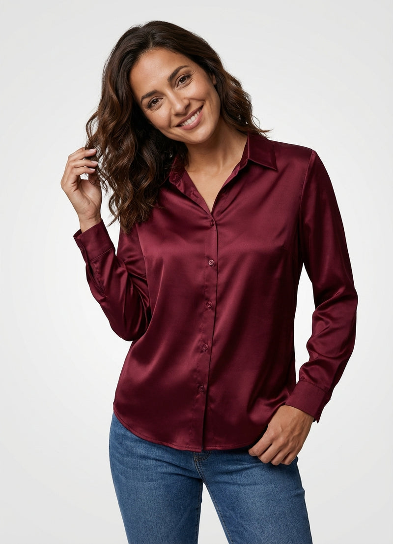 Chic Long Sleeve Blouse-tops > blouses-Laventaire-Burgundy-S-Laventaire