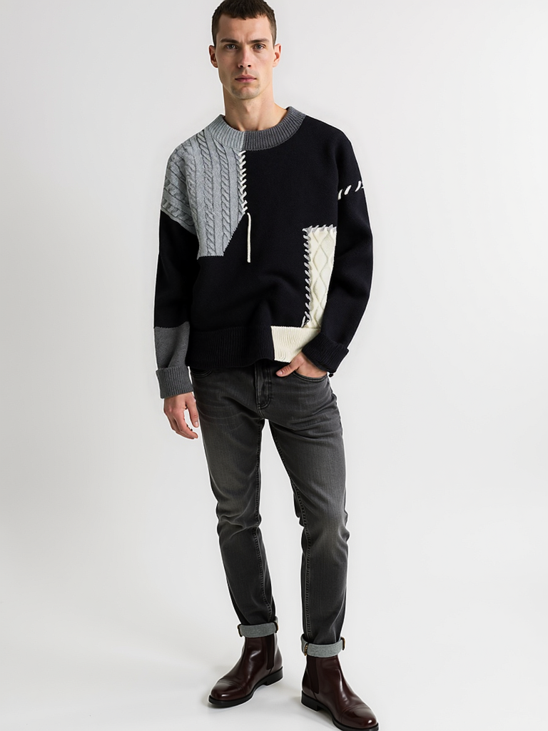 Color Block Relaxed Fit Sweater-sweaters > crewneck sweater-Laventaire-Black-S-Laventaire