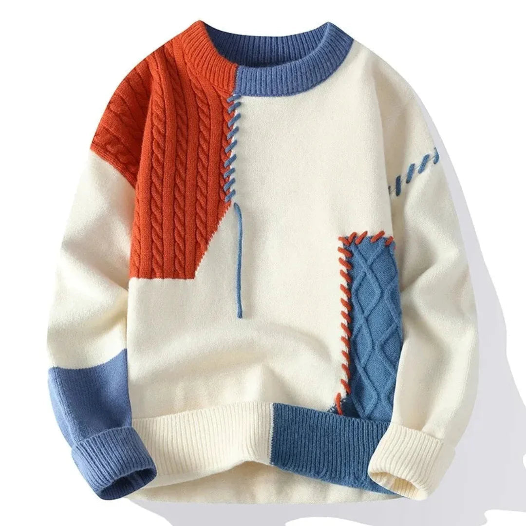 Color Block Relaxed Fit Sweater-sweaters > crewneck sweater-Laventaire-Blue-S-Laventaire