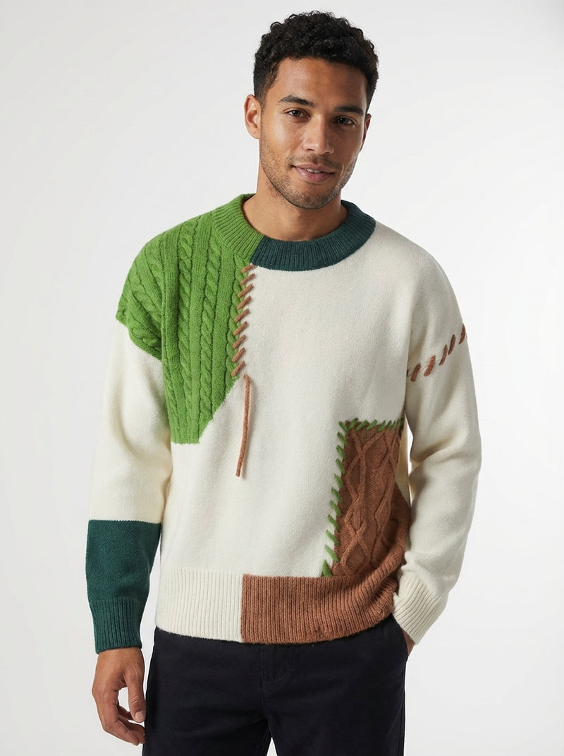 Color Block Relaxed Fit Sweater-sweaters > crewneck sweater-Laventaire-Green-S-Laventaire