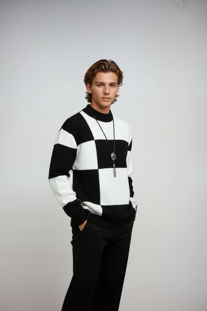 Color Block Relaxed Fit Sweater-sweaters > knit sweater-Laventaire-Black-M-Laventaire