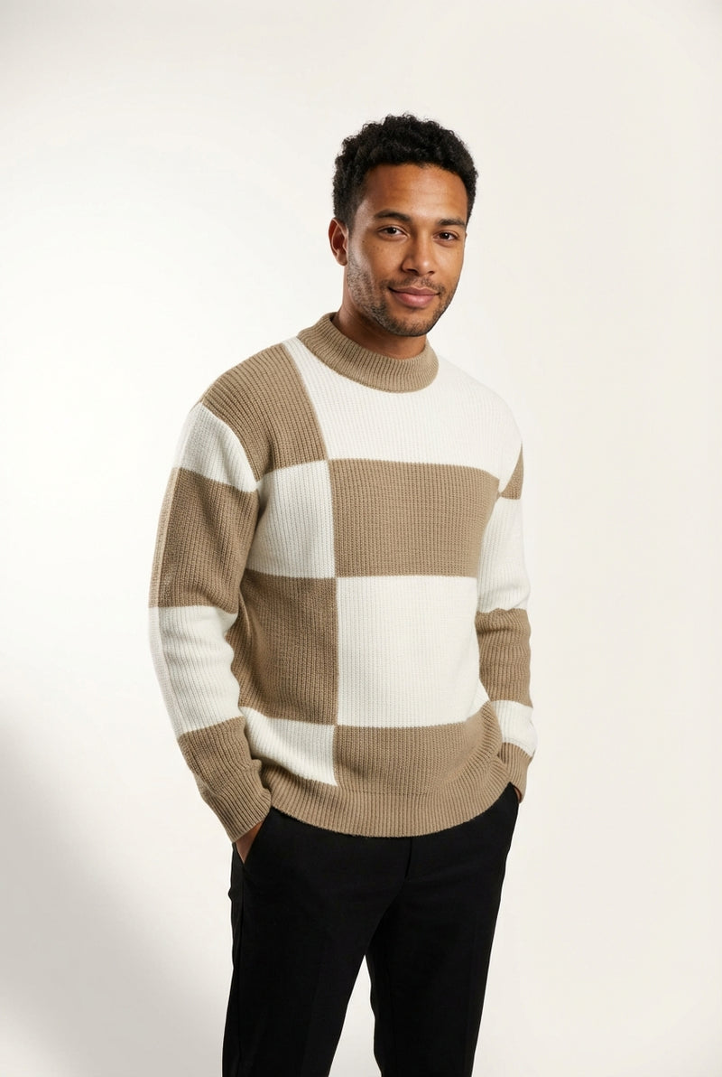 Color Block Relaxed Fit Sweater-sweaters > knit sweater-Laventaire-Khaki-M-Laventaire