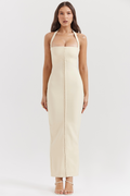 Cream Halter Wedding Guest Dress-dresses > wedding guest dress-Laventaire-Laventaire