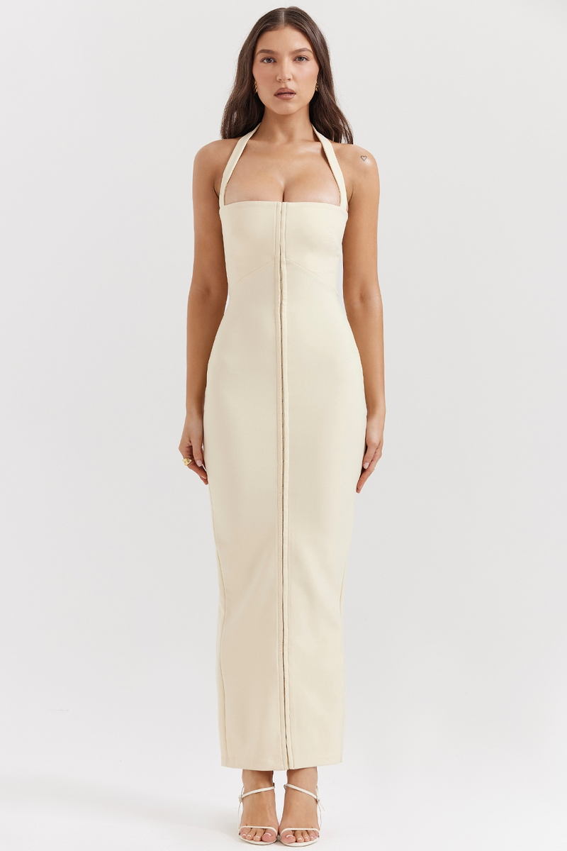 Cream Halter Wedding Guest Dress-dresses > wedding guest dress-Laventaire-Laventaire