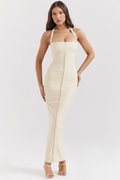 Cream Halter Wedding Guest Dress-dresses > wedding guest dress-Laventaire-Laventaire