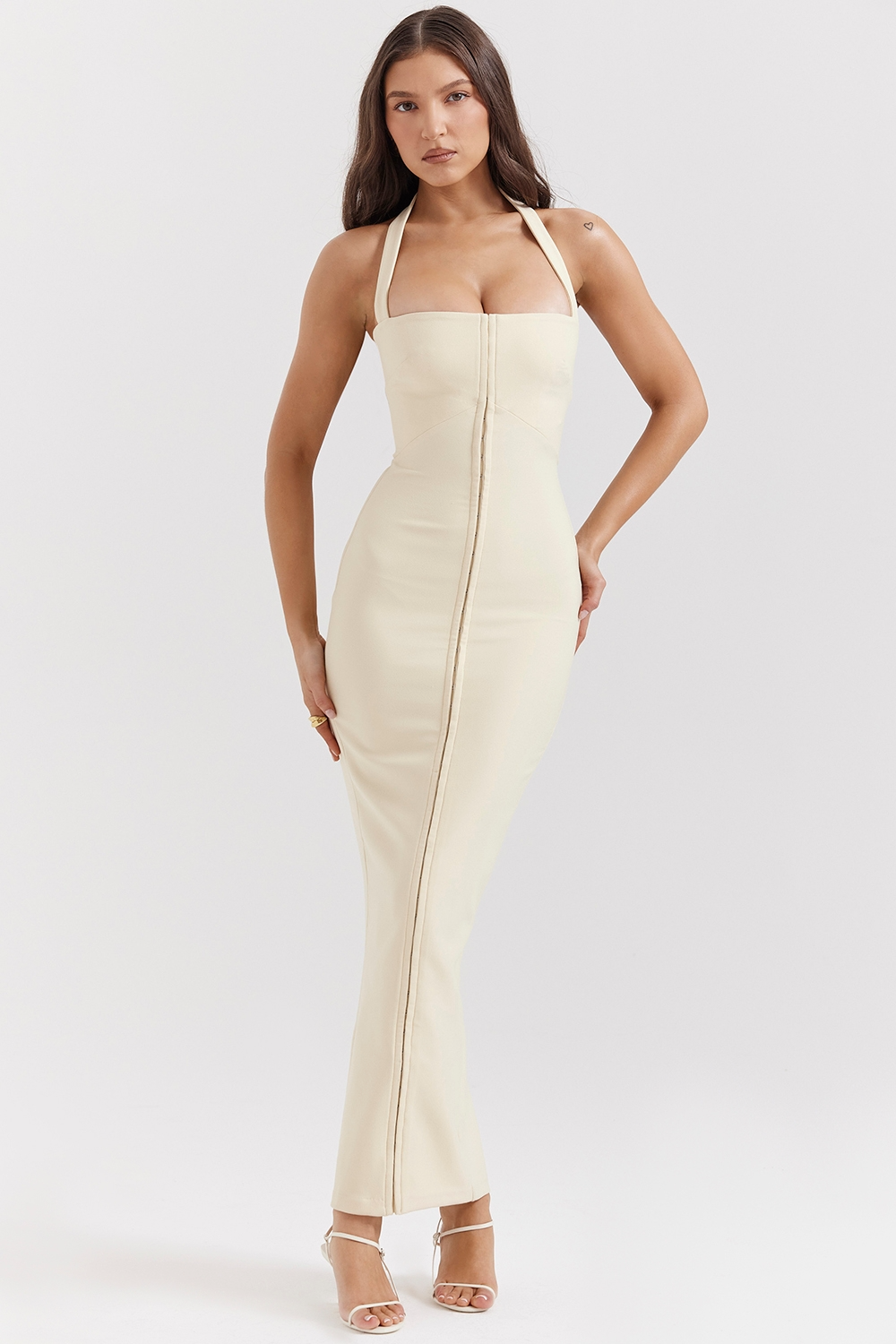 Cream Halter Wedding Guest Dress-dresses > wedding guest dress-Laventaire-Laventaire