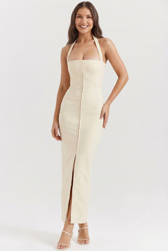 Cream Halter Wedding Guest Dress-dresses > wedding guest dress-Laventaire-Cream-S-Laventaire