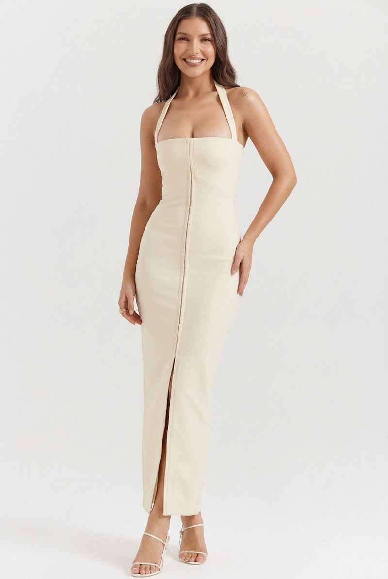 Cream Halter Wedding Guest Dress-dresses > wedding guest dress-Laventaire-Cream-S-Laventaire