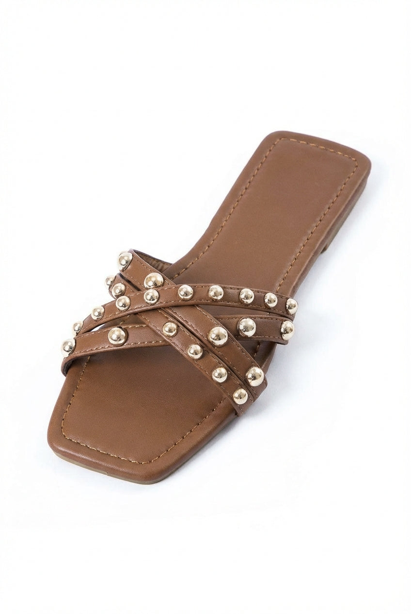 Crisscross Strap Flat Sandals-footwear > sandals > flat sandals-Laventaire-Brown-35-Laventaire