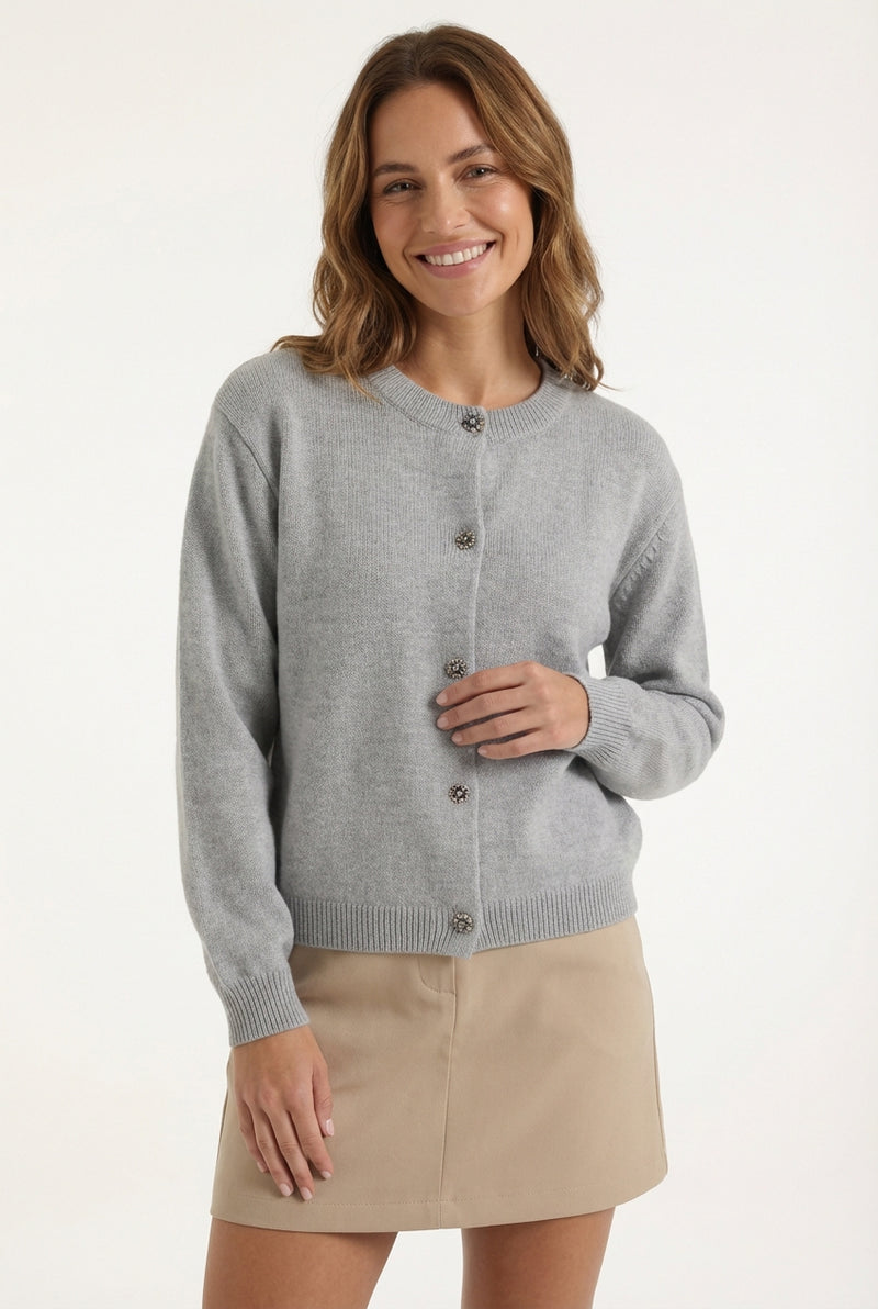 Cropped Button-Up Cardigan-cardigans > cropped cardigan-Laventaire-Light Gray-M-Laventaire