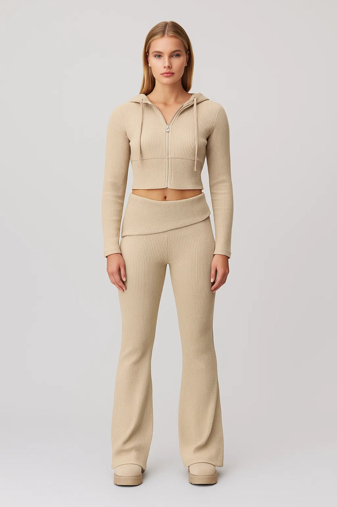 Cropped Hoodie Co-Ord Set-sets > cropped hoodie set-Laventaire-Beige-S-Laventaire