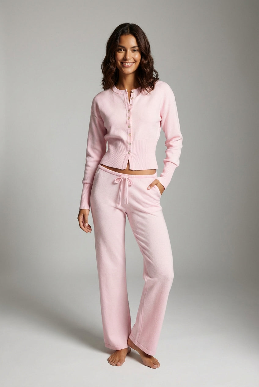 Cropped Knit Lounge Set-loungewear > lounge set-Laventaire-Pink-S-Laventaire