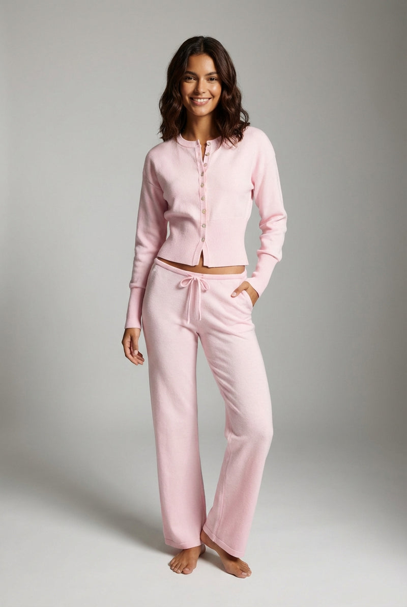 Cropped Knit Lounge Set-loungewear > lounge set-Laventaire-Pink-S-Laventaire
