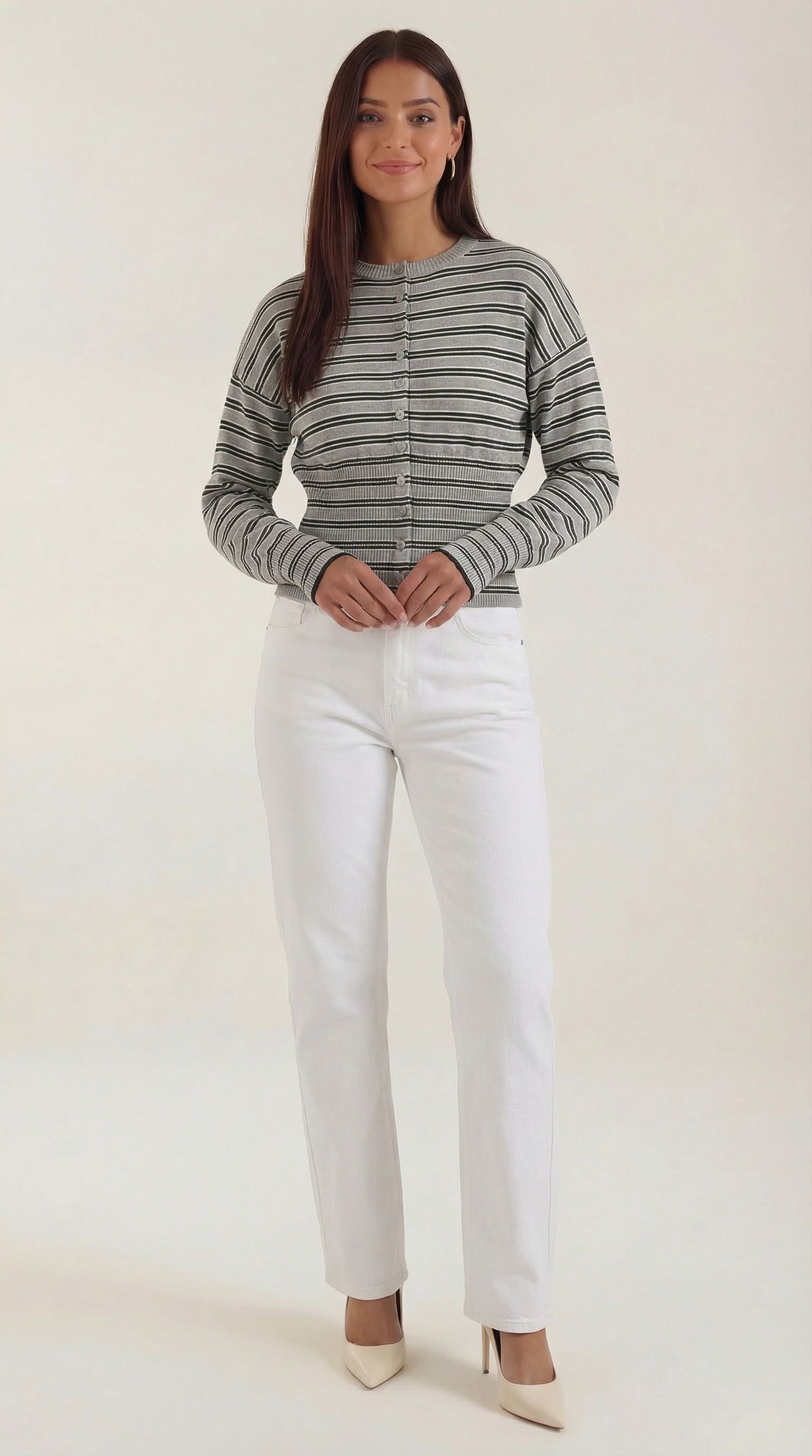 Cropped Striped Cardigan-cardigans > cropped cardigan-Laventaire-Gray-S-Laventaire