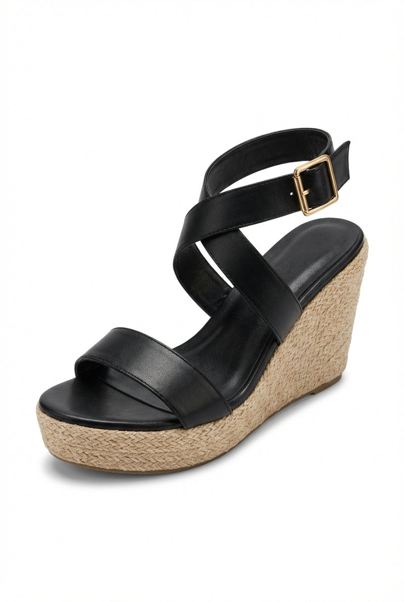 Cross Strap Wedge Sandals-footwear > sandals > wedge sandals-Laventaire-Black-36-Laventaire