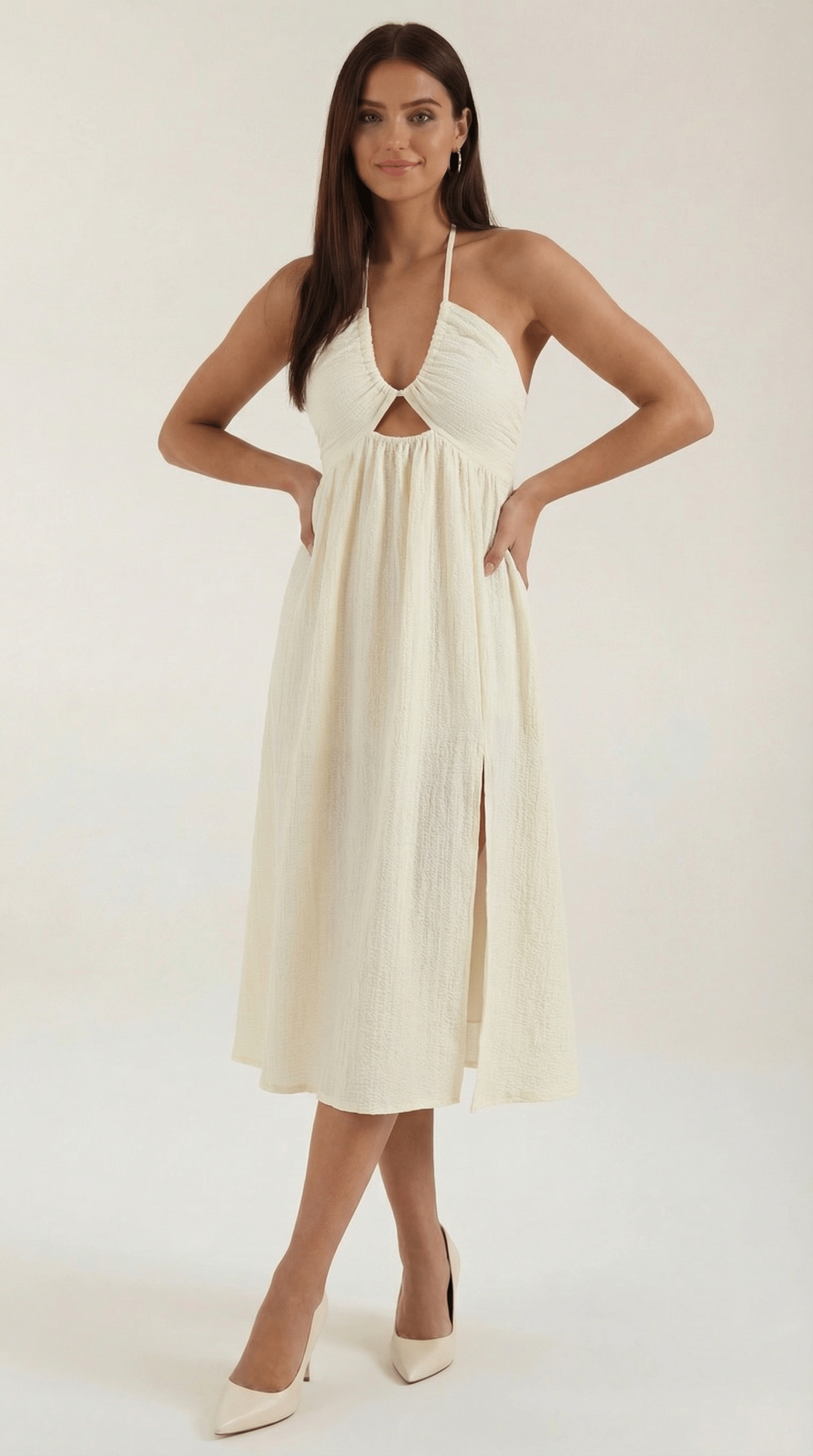 Cutout Cream Midi Dress-dresses > midi dress-Laventaire-Laventaire