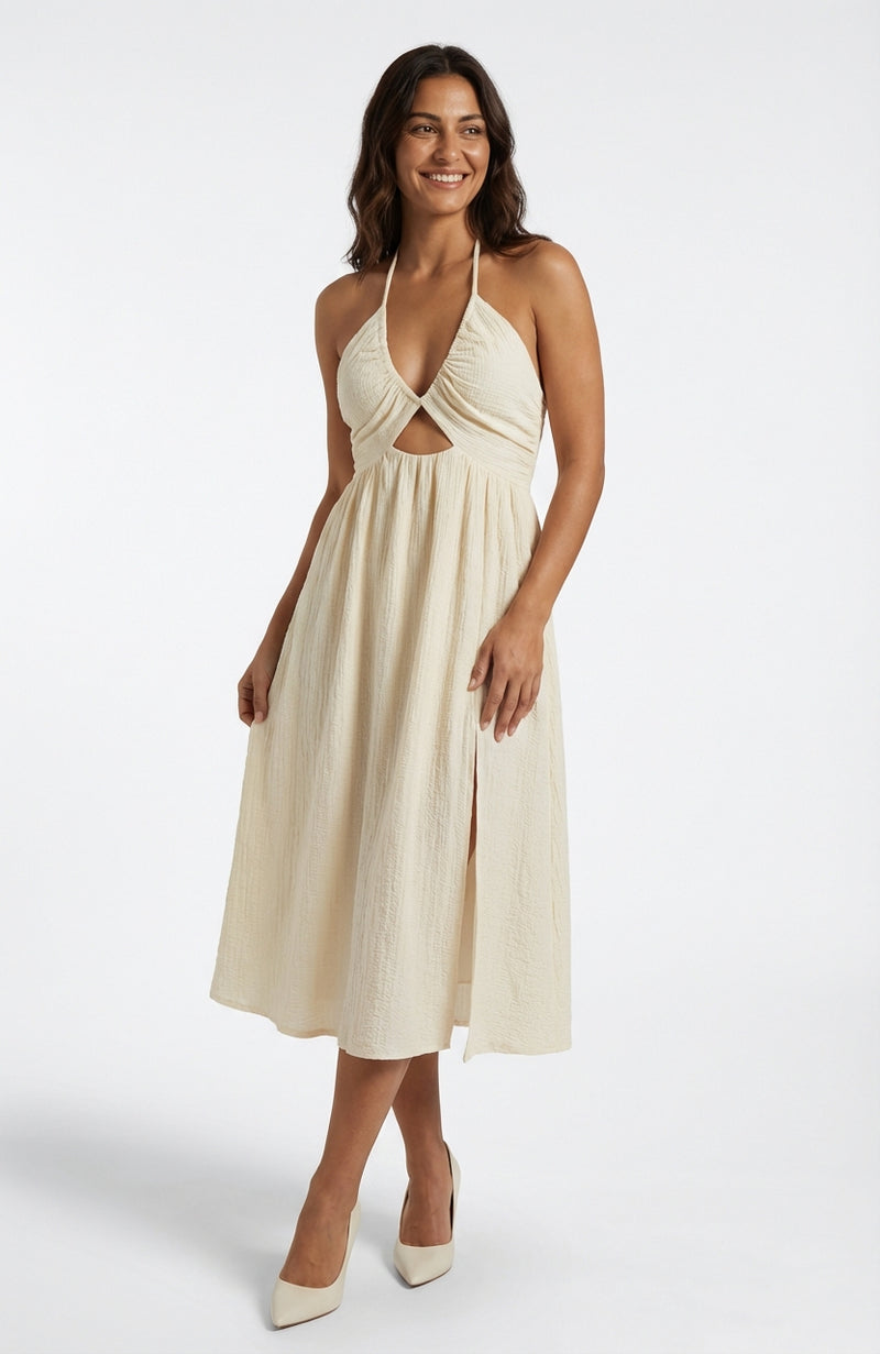 Cutout Cream Midi Dress-dresses > midi dress-Laventaire-Cream-S-Laventaire