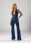Denim Jumpsuit Deep Plunge-jumpsuits > denim jumpsuit-Laventaire-Laventaire