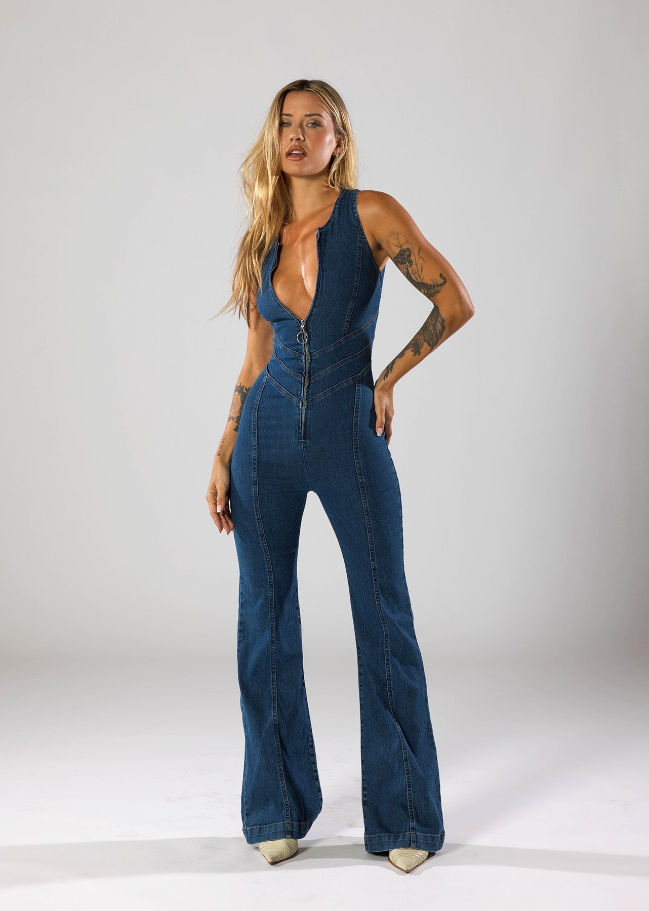 Denim Jumpsuit Deep Plunge-jumpsuits > denim jumpsuit-Laventaire-Laventaire
