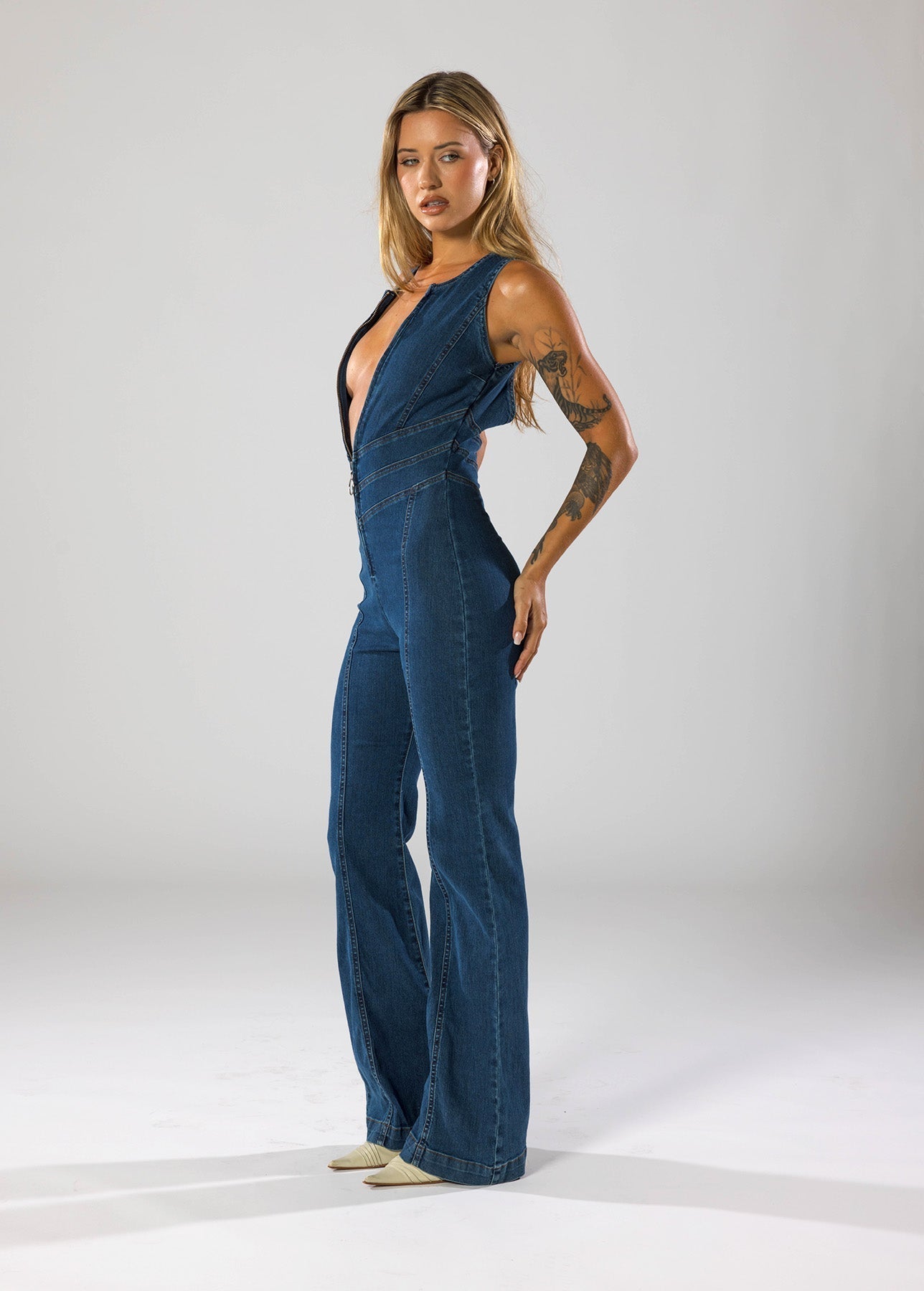Denim Jumpsuit Deep Plunge-jumpsuits > denim jumpsuit-Laventaire-Laventaire