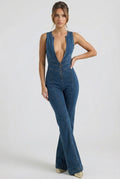 Denim Jumpsuit Deep Plunge-jumpsuits > denim jumpsuit-Laventaire-Laventaire