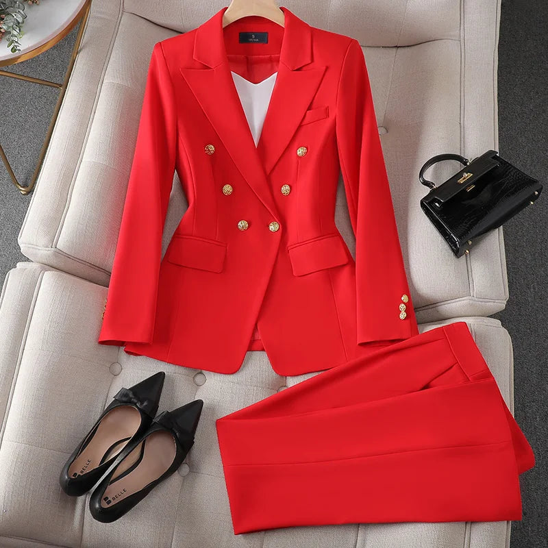 Double-Breasted Blazer Pant Set-suits > suit sets-Laventaire-Red-S-Laventaire