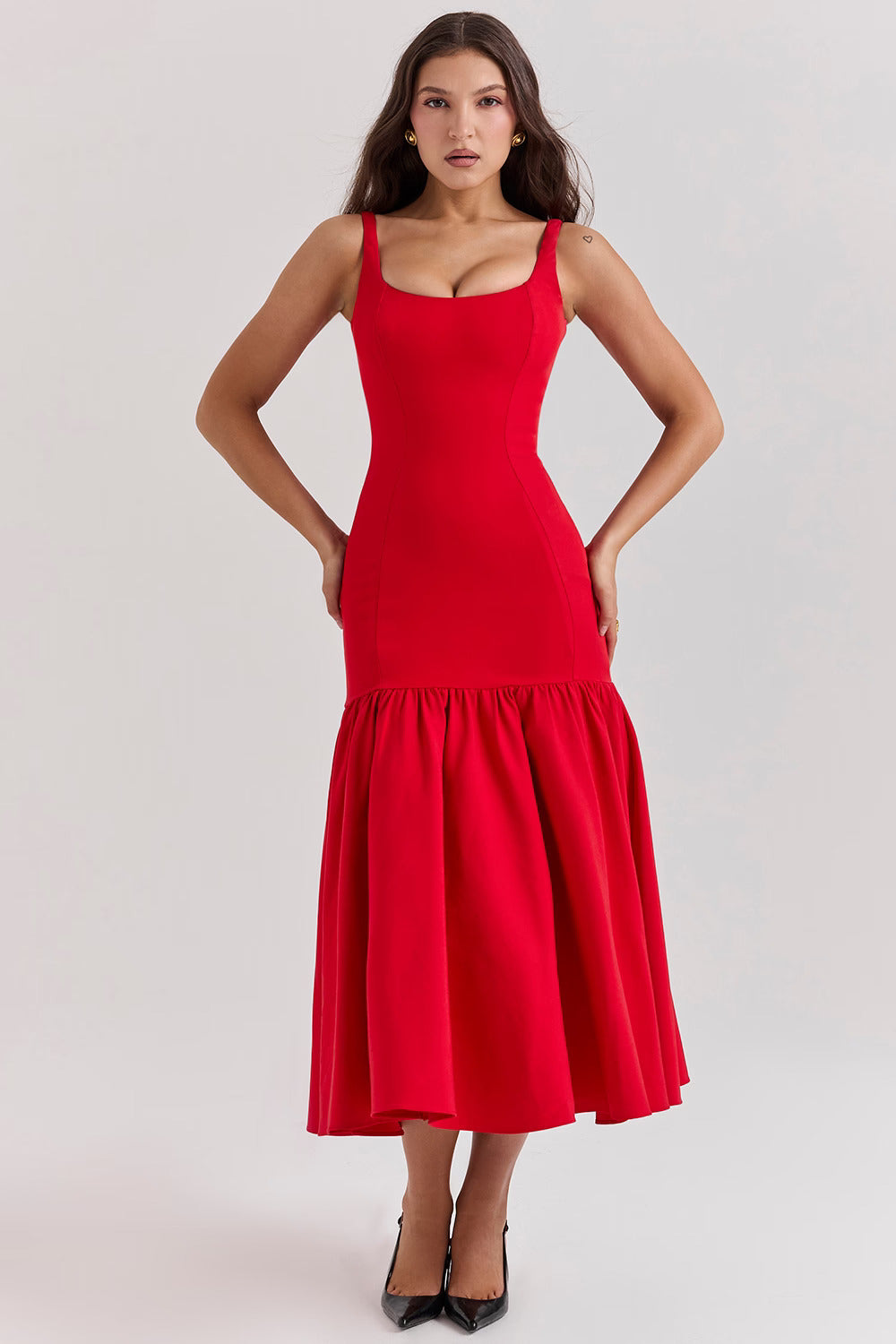 Dropped Waist Formal Midi Dress-dresses > midi dress > formal dress-Laventaire-Red-XS-Laventaire