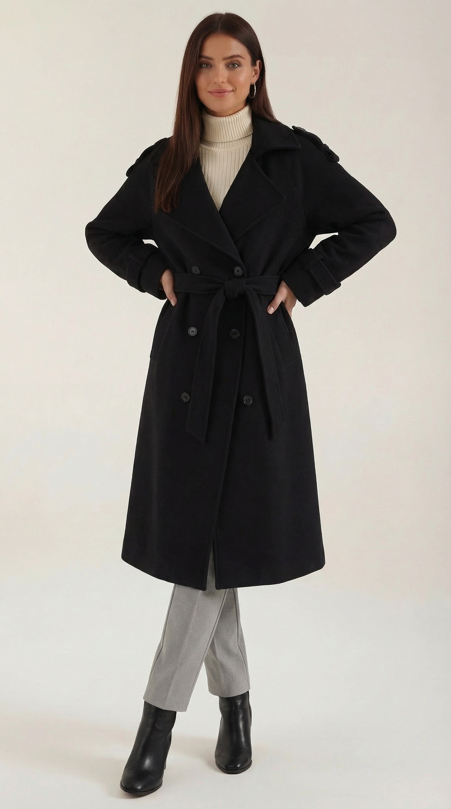 Elegant Belted Long Trench Coat-coats > trench coats-Laventaire-Black-S-Laventaire