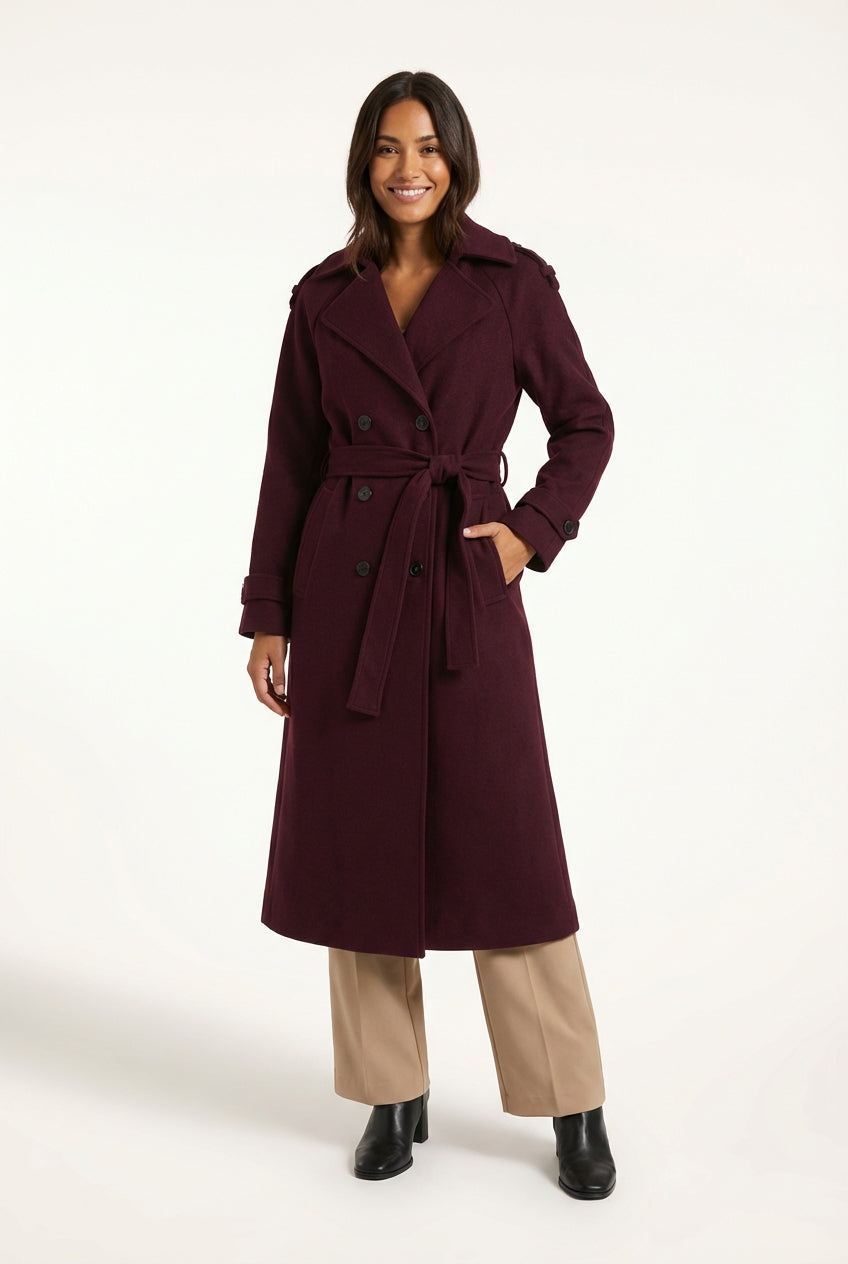 Elegant Belted Long Trench Coat-coats > trench coats-Laventaire-Burgundy-S-Laventaire