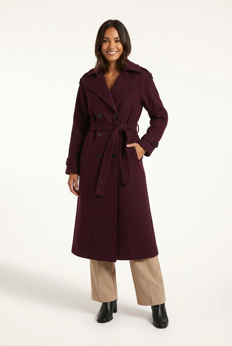 Elegant Belted Long Trench Coat-coats > trench coats-Laventaire-Burgundy-S-Laventaire