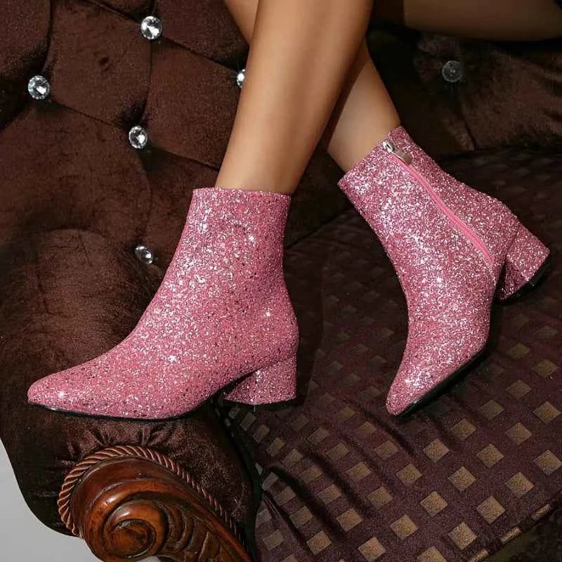Elegant Glitter Ankle Boots-footwear > ankle boots-Laventaire-Pink-36-Laventaire