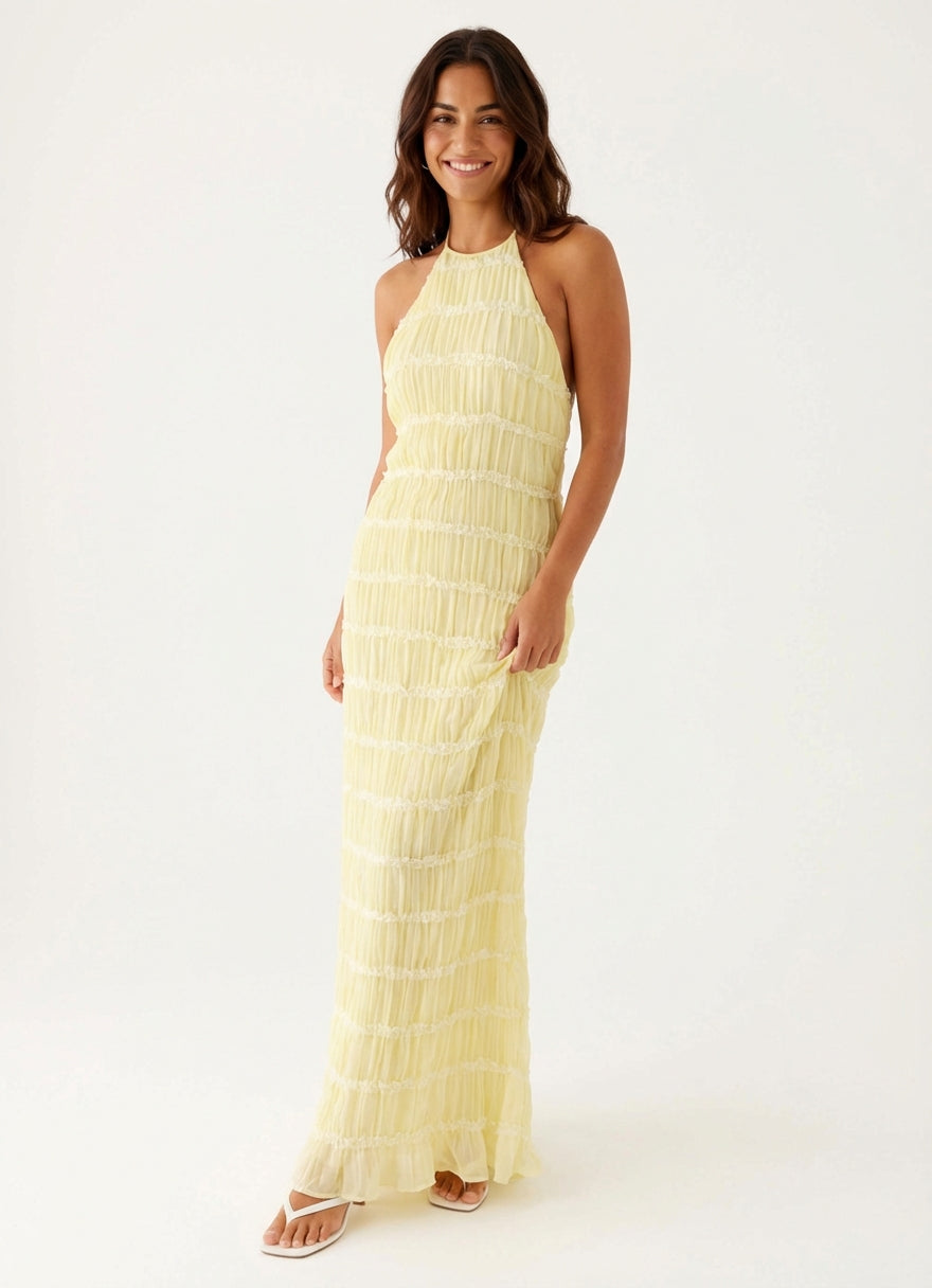 Elegant Halter Neck Maxi Dress-dresses > maxi dress-Laventaire-Butter Yellow-XS-Laventaire