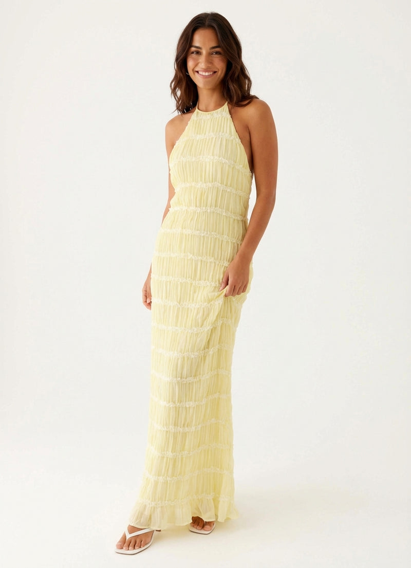 Elegant Halter Neck Maxi Dress-dresses > maxi dress-Laventaire-Butter Yellow-XS-Laventaire