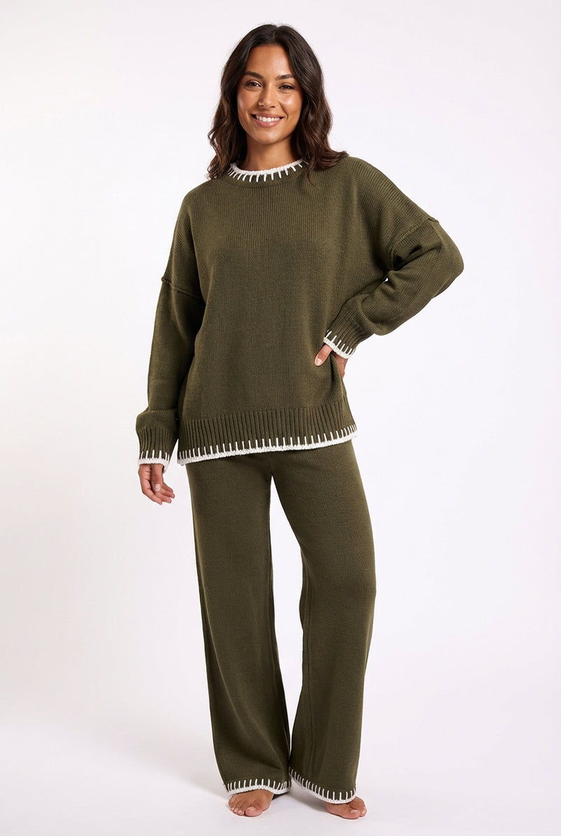 Elegant Relaxed Lounge Set-loungewear > lounge set-Laventaire-Army Green-S-Laventaire