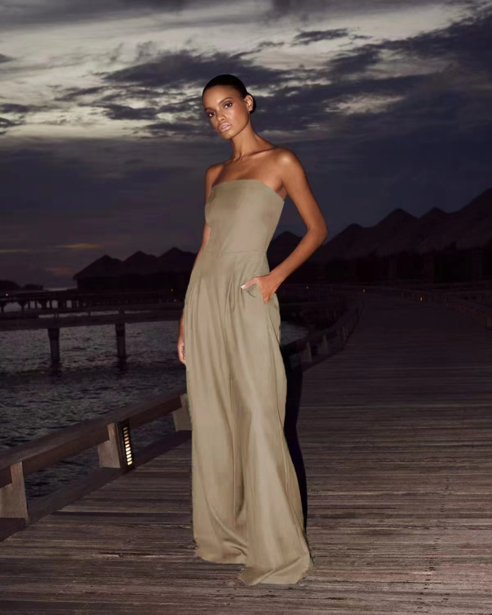Elegant Strapless Jumpsuit Fit-jumpsuit > strapless jumpsuit-Laventaire-Khaki-S-Laventaire
