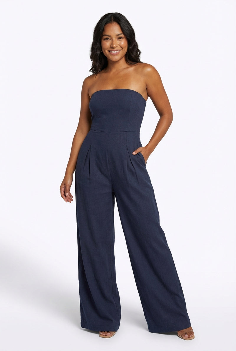 Elegant Strapless Jumpsuit Fit-jumpsuit > strapless jumpsuit-Laventaire-Navy Blue-S-Laventaire