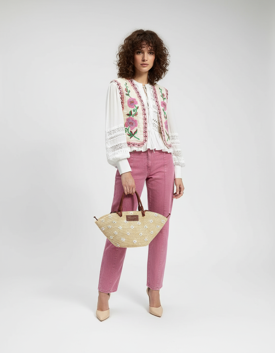 Embroidered Open Front Vest-vests > open front vest-Laventaire-Laventaire