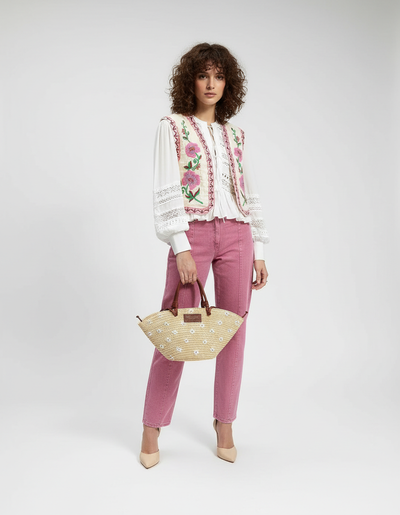 Embroidered Open Front Vest-vests > open front vest-Laventaire-Laventaire