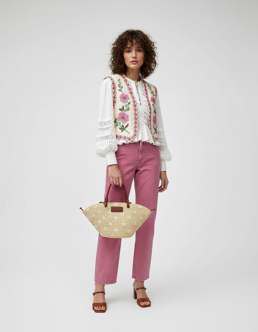 Embroidered Open Front Vest-vests > open front vest-Laventaire-Laventaire