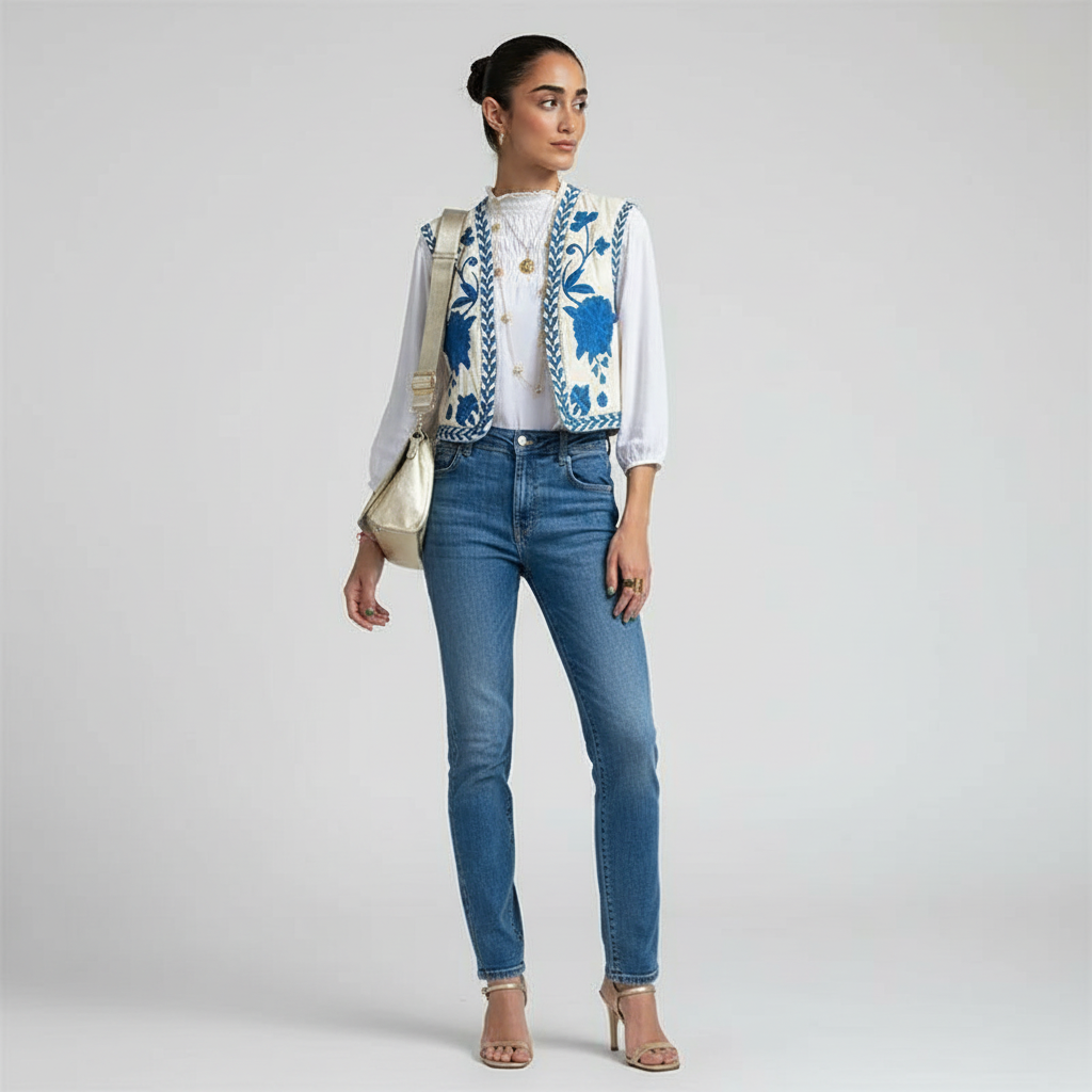 Embroidered Open Front Vest-vests > open front vest-Laventaire-Light Blue-XS-Laventaire